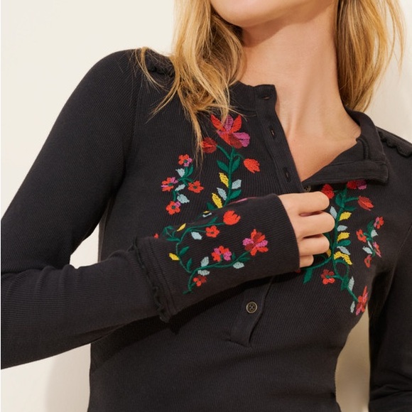 Free People Fleur Embroidered Cuff Henley - Picture 2 of 6